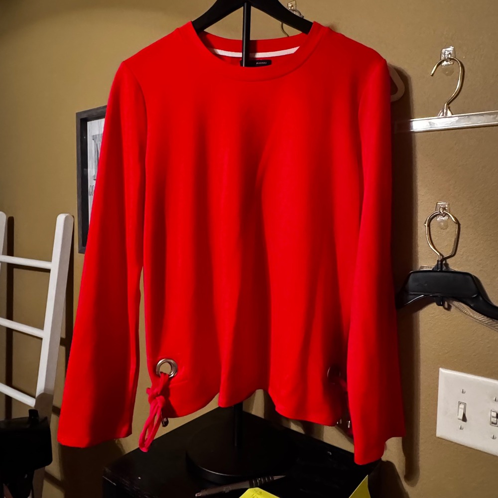 Jeanne Pierre Red Long Sleeve Grommet Tie Side Top Crewneck Pullover Large - Picture 2 of 9